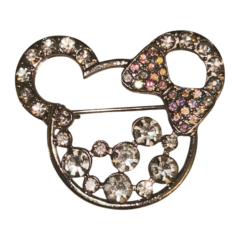 Disney Inspired Rhinestone Minnie Mouse Head Brooch Silver Tone Crystal Pin Bow